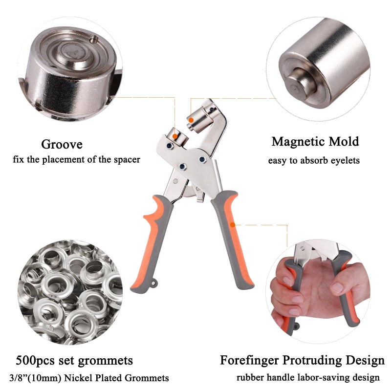 BIZOEPRO Grommet Tool Kit 3/8 Inch Eyelet Press Pliers 10mm Manual Handheld with 500pcs Silver Grommets - Image 2